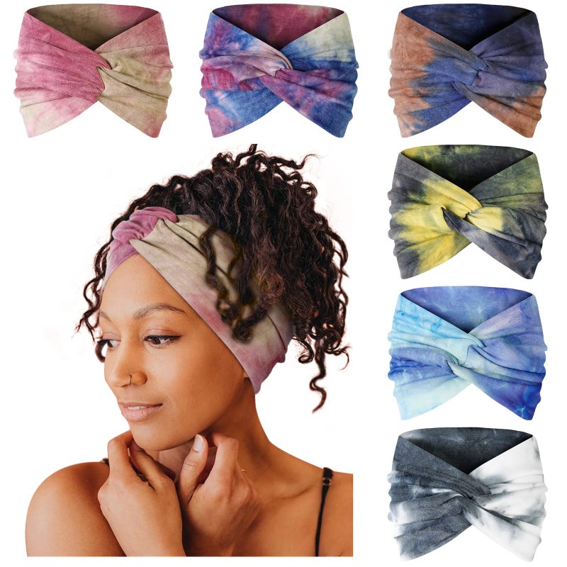 Tobeffect Wide Headbands for Women Tie Dye Extra Large Turban Headband Boho Hairband Hair Twisted Knot Accessories 6 Pack